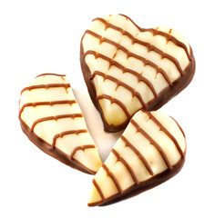 Two heart- shaped candies isolated on white . The complete clipping path . Two hearts whole and broken .