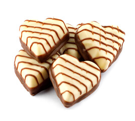 A bunch of heart-shaped chocolates on an isolated white background.