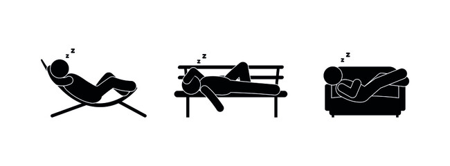 stickman fell asleep, man is resting, sleeping people icons set, isolated vector illustration, stick figure human silhouette in chair