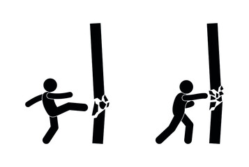 man breaks wall, hand strike destroys concrete, strong kick with foot, icon set people overcome obstacles, stick figure human silhouette isolated on white