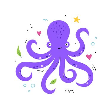 Hand drawn cute octopus. Aquatic animal with tentacles. Cartoon character. Flat vector illustration.