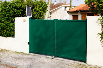 electric green gate powered by a small solar panel high steel  modern aluminum double portal of...