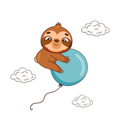 Smiling sloth flying on a blue balloon near the clouds. Vector illustration for designs, prints and patterns. Isolated on white background