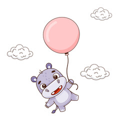 Smiling hippo flying on a pink balloon near the clouds. Vector illustration for designs, prints and patterns. Isolated on white background