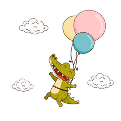Happy crocodile flies on colorful balloons near the clouds. Vector illustration for designs, prints and patterns. Isolated on white background