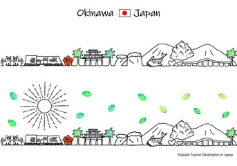 手描きの夏の沖縄県の観光地の街並みシンプル線画セット