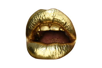 Mouth Icon. Gold lips, golden lipgloss on sexy lips, metallic mouth. Beauty woman makeup close up.