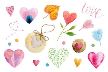 Romantic collection of watercolor hearts, letter love and spot.  Illustration on a white background for invitations, cards, print, scrapbooking.