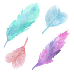 Hand drawn watercolor feather set. Boho style. Illustration isolated on white background.