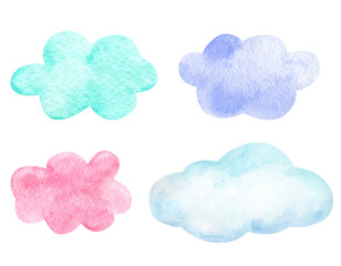 Cute cloud watercolor set. Illustration isolated on white background for your design: textile, fabric, postcard, invitation.