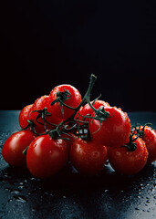 Ripe red tomatoes with water drops on the skin on a dark background.