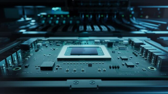 POV Shot of Automatic Pick and Place machine quickly installs Components on Circuit Board. While board moving through Assembly Line. Electronics and Circuit board Manufacturing Factory.