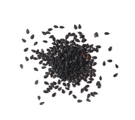 Black sesame seeds on white background, Top view