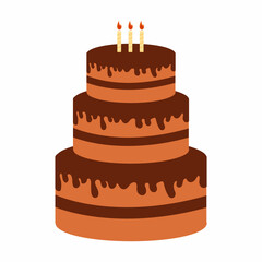 Vector illustration of chocolate birthday cake with candles in flat cartoon style. Delicious dessert for a holiday, party