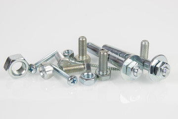 steel bolt and nut on white background