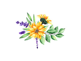 Botanical composition with green leaves, lavender and sunflowers, isolated on a white background. Watercolor bouquet for the design of postcards, banners, textiles.