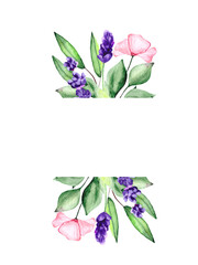 Botanical frame with green leaves, lavender, pink wildflower and bow, isolated on a white background. Watercolor bouquet for the design of postcards and invitations.