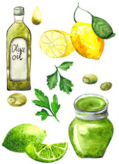 A collection of colorful dishes and vegetables on a white background. Watercolour. Lime, olives, parsley, pesto, lemon and olive oil. Kitchen decor.