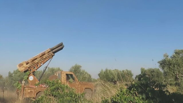 Syria, outskirts of Aleppo. Shooting from a homemade mobile rocket launcher, shaitan fire. Such installations are used by the rebels during the war.