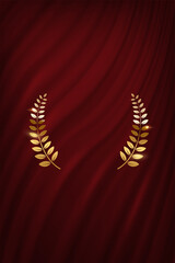 Award nomination emblem, gold laurel wreath with red curtain background. Movie award ceremony opening, celebration event, announcement vector illustration. Film theatre scene.