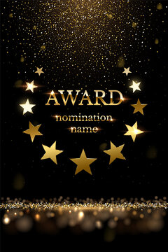 Winner nomination award with gold stars circle vector illustration. Luxury reward or certificate poster with golden falling glitter confetti decoration and glow light effect background.