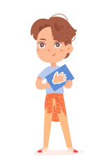 Kid studying human body in anatomy lesson, boy holding card with hand