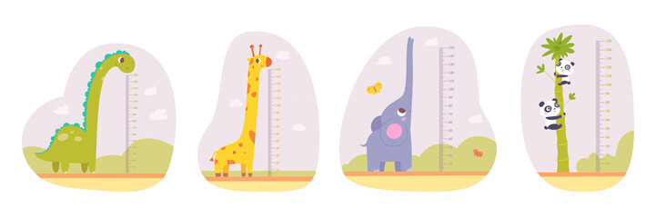 Kids height meter for kindergarten or home with cute tall animals in landscape set - obrazy, fototapety, plakaty
