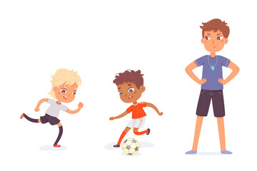 Soccer sport, active children run with ball, cute kids play football game
