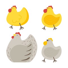 Cute funny chickens on the theme of happy Easter.  Vector illustration in a flat style isolated on a white background
