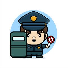 cartoon cute police hold on shield and forbid sign board