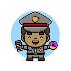 cartoon cute police hold on coffee and donuts