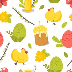 Easter pattern with a cake of eggs and chicken on a white background. Vector illustration in a flat style