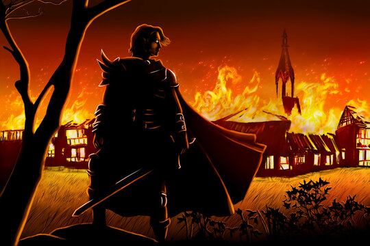 The evil knight turns to face the burning village. Fire is everywhere