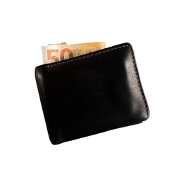 Black wallet with euros isolated on a white background
