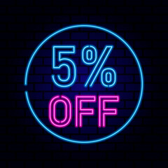 5 percent SALE glowing neon lamp sign. Vector illustration.