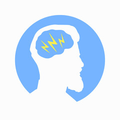 Migraine linear icon. Human head with lightning bolt. Thunderclap head. Temple pressure, pain. Flu symptom. outline symbol. Vector illustration isolated outline drawing in blue and yellow color