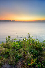 Morning scenery from a hill with beautiful sunrise colors
