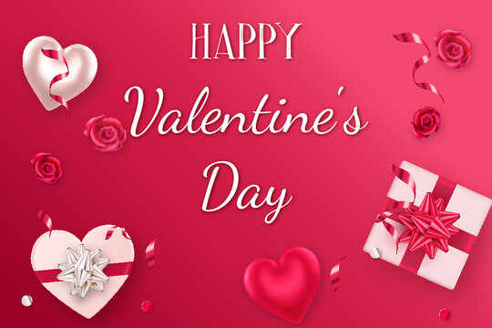 Valentine's Day background with hearts, roses and gifts. Banner or greeting card. Romantic background.