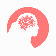 Human brain on woman or girl head red icon for apps and websites on white background. Vector clipart illustration