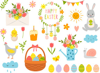 Fototapeta premium Set of cute Easter cartoon characters and design elements. Easter bunny, chickens, eggs, and flowers. Vector illustration.