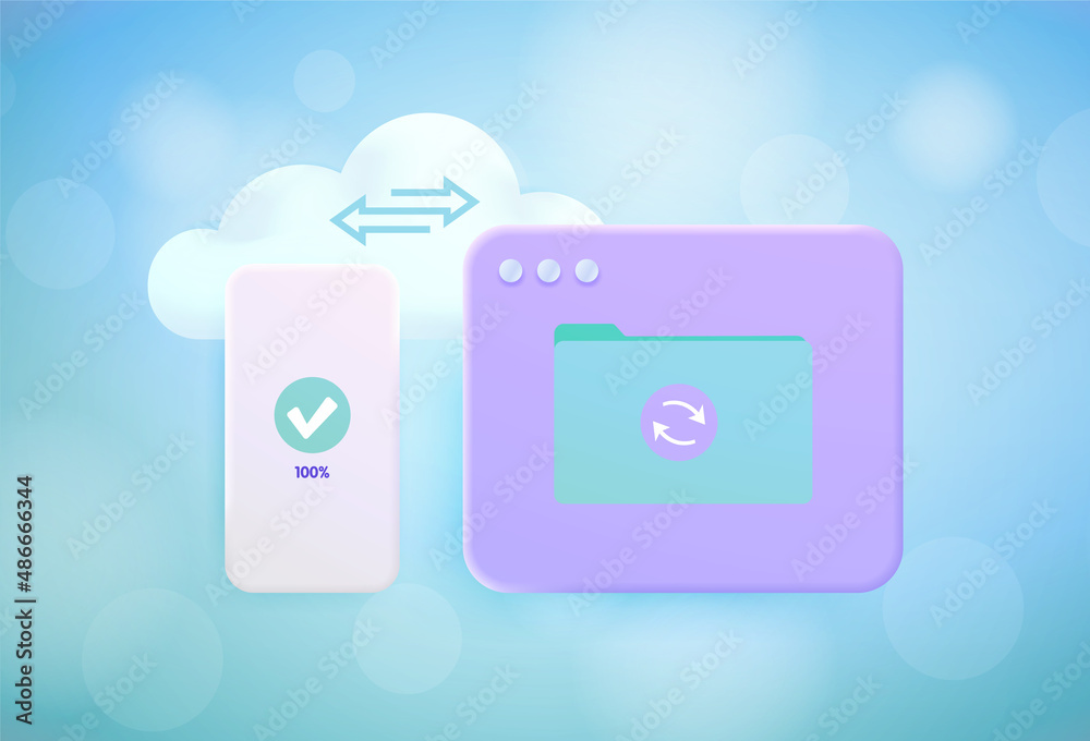 Poster cloud storage 3d concept. personal data backup app sync. cloud computing network connected and synch