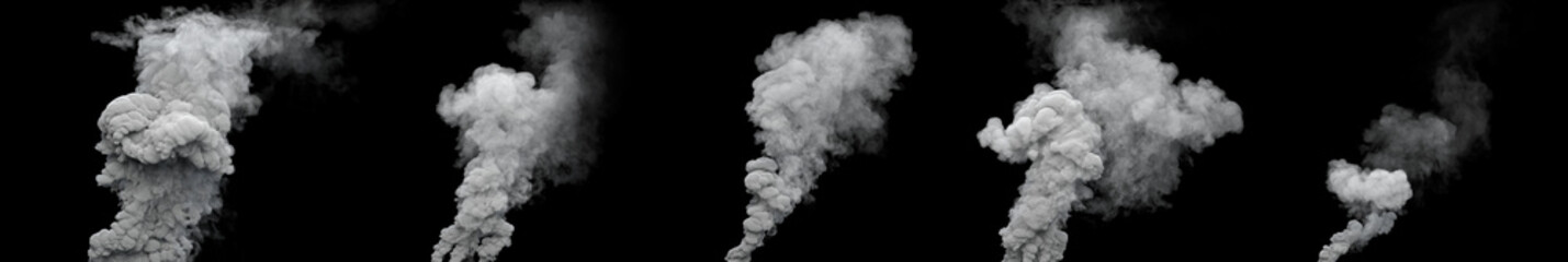 5 grey toxic smoke columns from waste burning on black, isolated - industrial 3D rendering