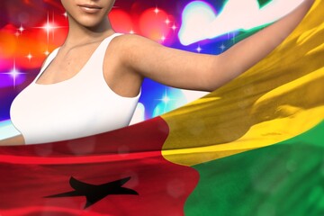 sexy girl holds Guinea-Bissau flag in front on the party lights - flag concept 3d illustration