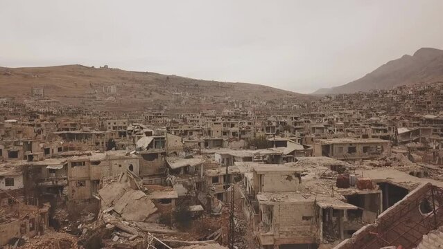 Aerial view of the war-torn Syrian city of Aleppo. Now it is a ghost town with almost no people.