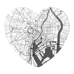 Heart shaped Tokyo city vector map. Black and white colors. Roads, streets, rivers.