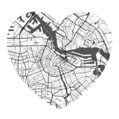 Heart shaped Amsterdam city vector map. Black and white colors. Roads, streets, rivers.