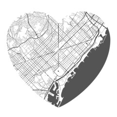 Heart shaped Barcelona city vector map. Black and white colors. Roads, streets, rivers.