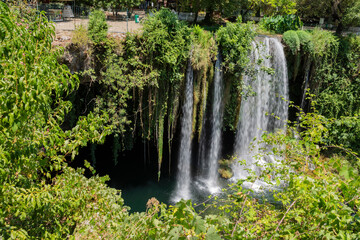 Summer landscape with big waterfall. Duden waterfalls in Antalya. Opposite top view.