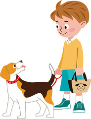 子どもがマナーバッグを持って犬の散歩をしています。犬はビーグル犬です。
