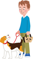 男性がマナーバッグを持って犬の散歩をしています。犬はビーグル犬です。